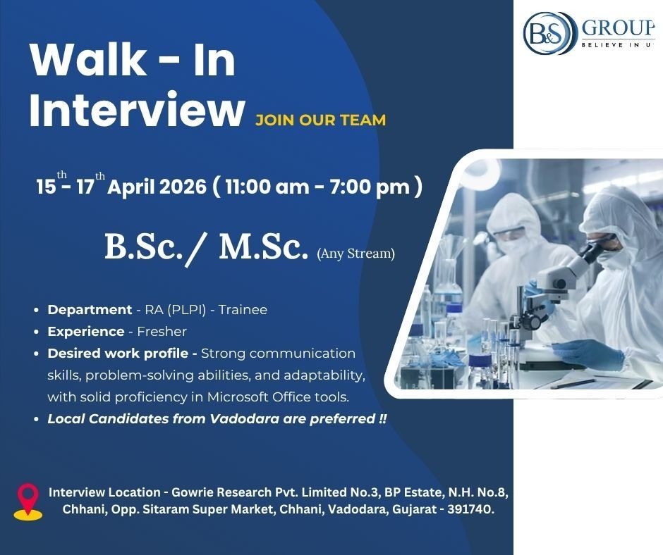 Walk-In Interview for Pharma Jobs | Freshers Opportunity in Regulatory Affairs (RA) on 15th – 17th April 2026