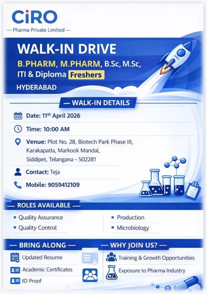 CIRO Pharma Private Limited Walk-in Interview – QA, QC, Production & Microbiology Jobs in Hyderabad on 11th April 2026