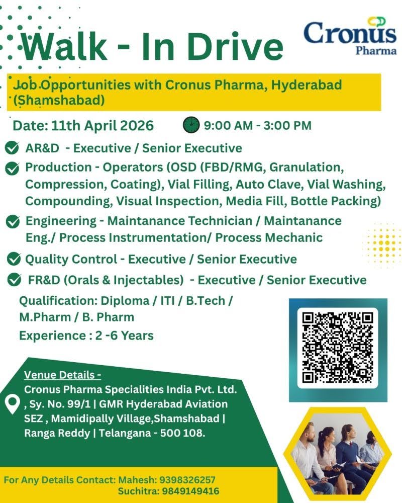 Cronus Pharma Walk-in Drive 2026: AR&D, Production, QC, FR&D & Engineering Jobs in Hyderabad (Shamshabad)