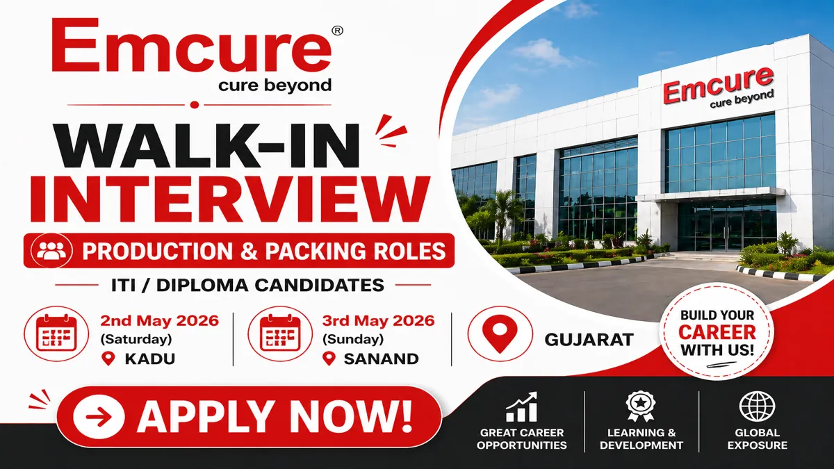 Emcure Pharmaceuticals is conducting walk-in interviews for production, QC, QA, and engineering roles.