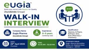 Eugia Pharma is conducting a walk-in interview for production, QA, QC, and microbiology roles.