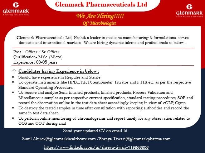 Glenmark Pharma Hiring QC Microbiologist – Apply Now for Pharma Jobs in India