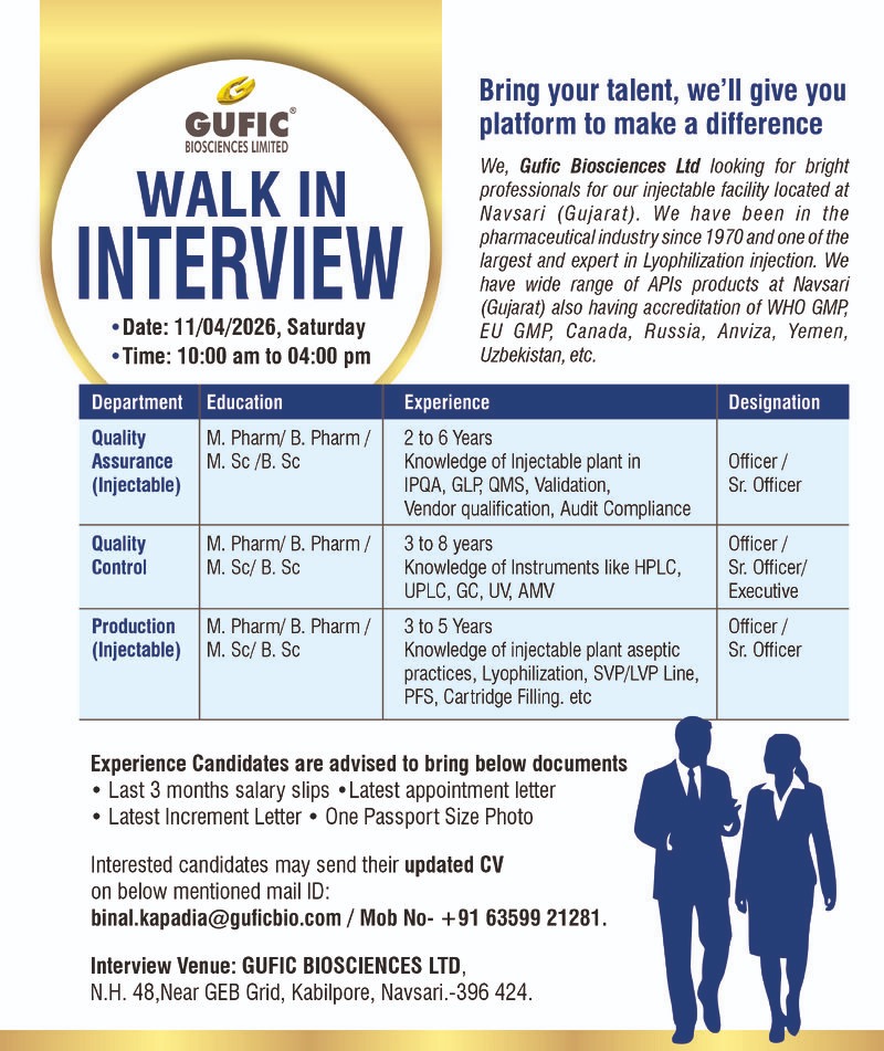 Gufic Biosciences Limited Walk-in Interview 2026: QA, QC & Production Jobs in Injectable Facility