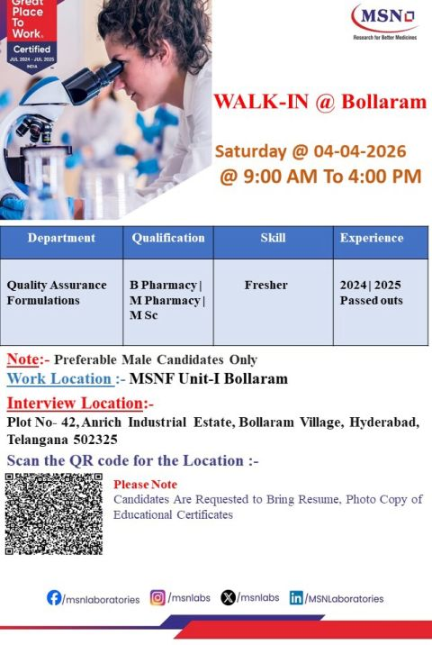 MSNLaboratories Walk-In Interview 2026: Quality Assurance Jobs for Freshers in Bollaram, Hyderabad