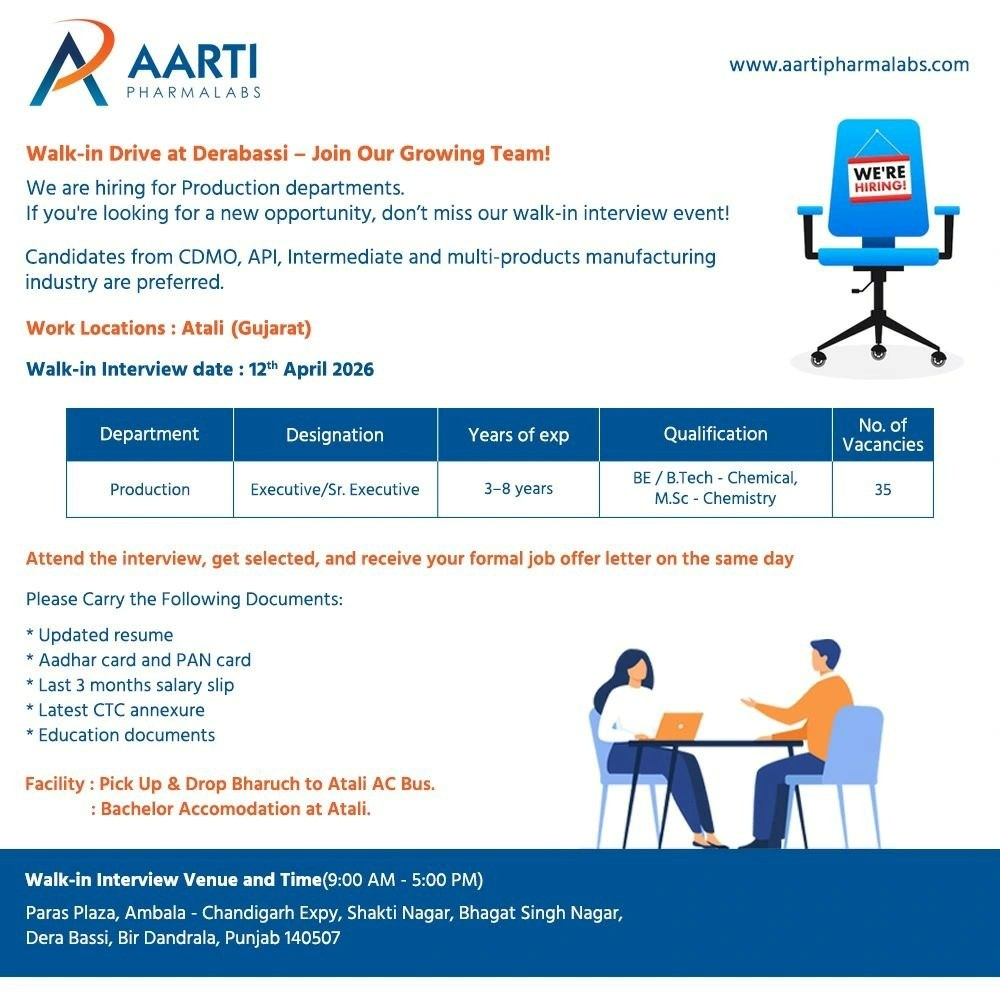 Aarti Pharmalabs Walk-in Interview for Production Executive