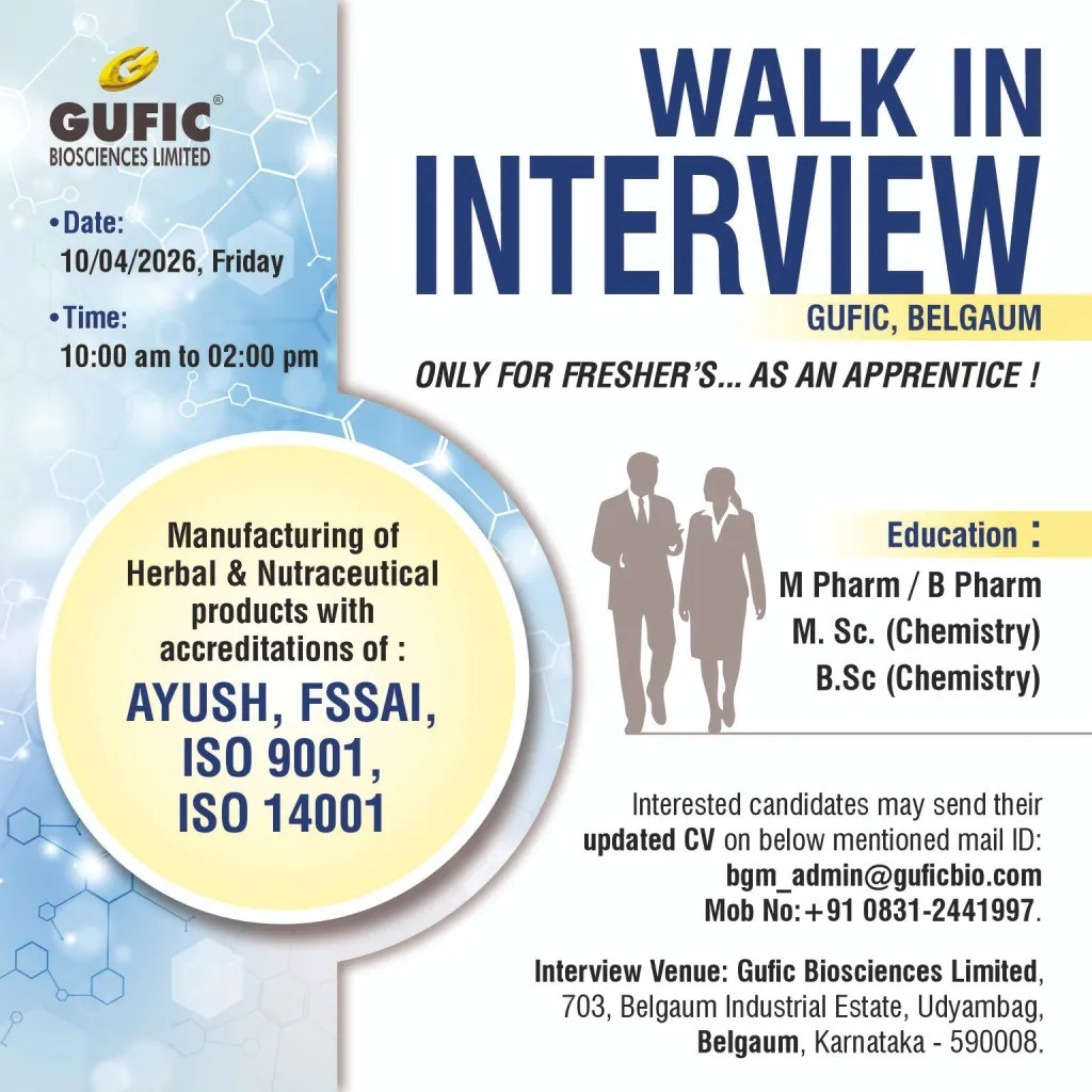 GUFIC Biosciences Limited Walk-in Interview for Freshers