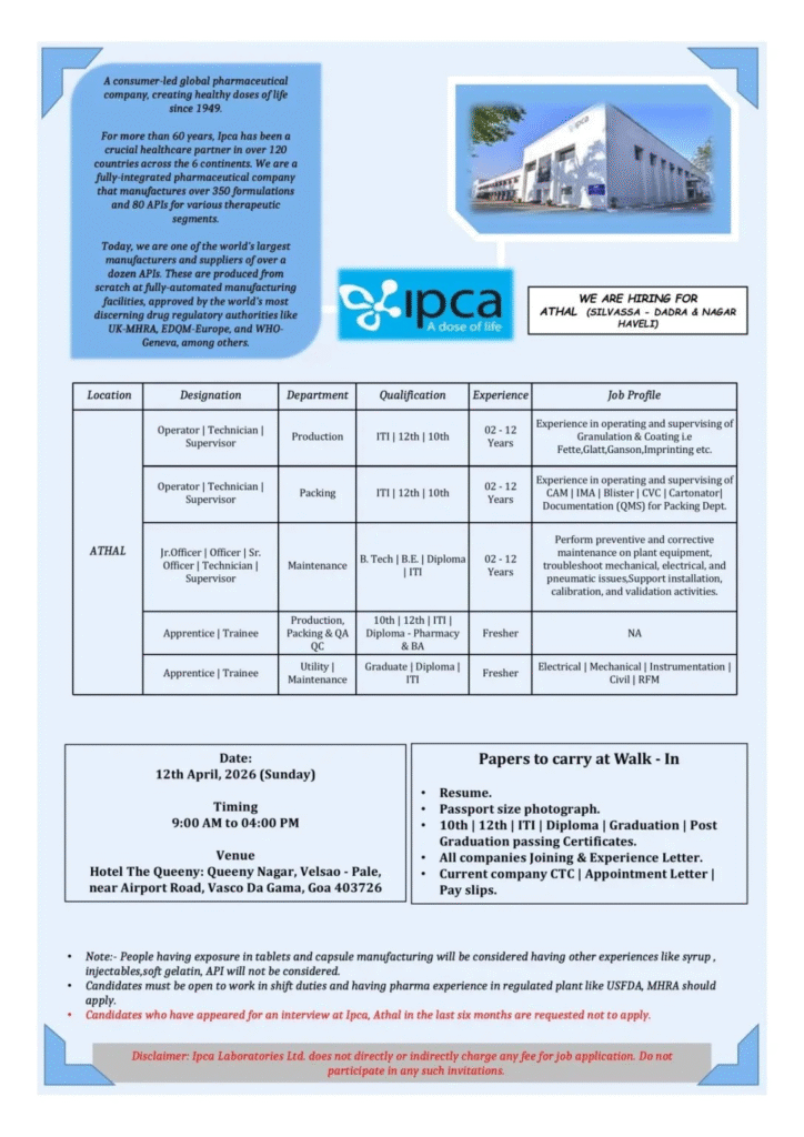 Ipca Laboratories Walk-in Interview 2026