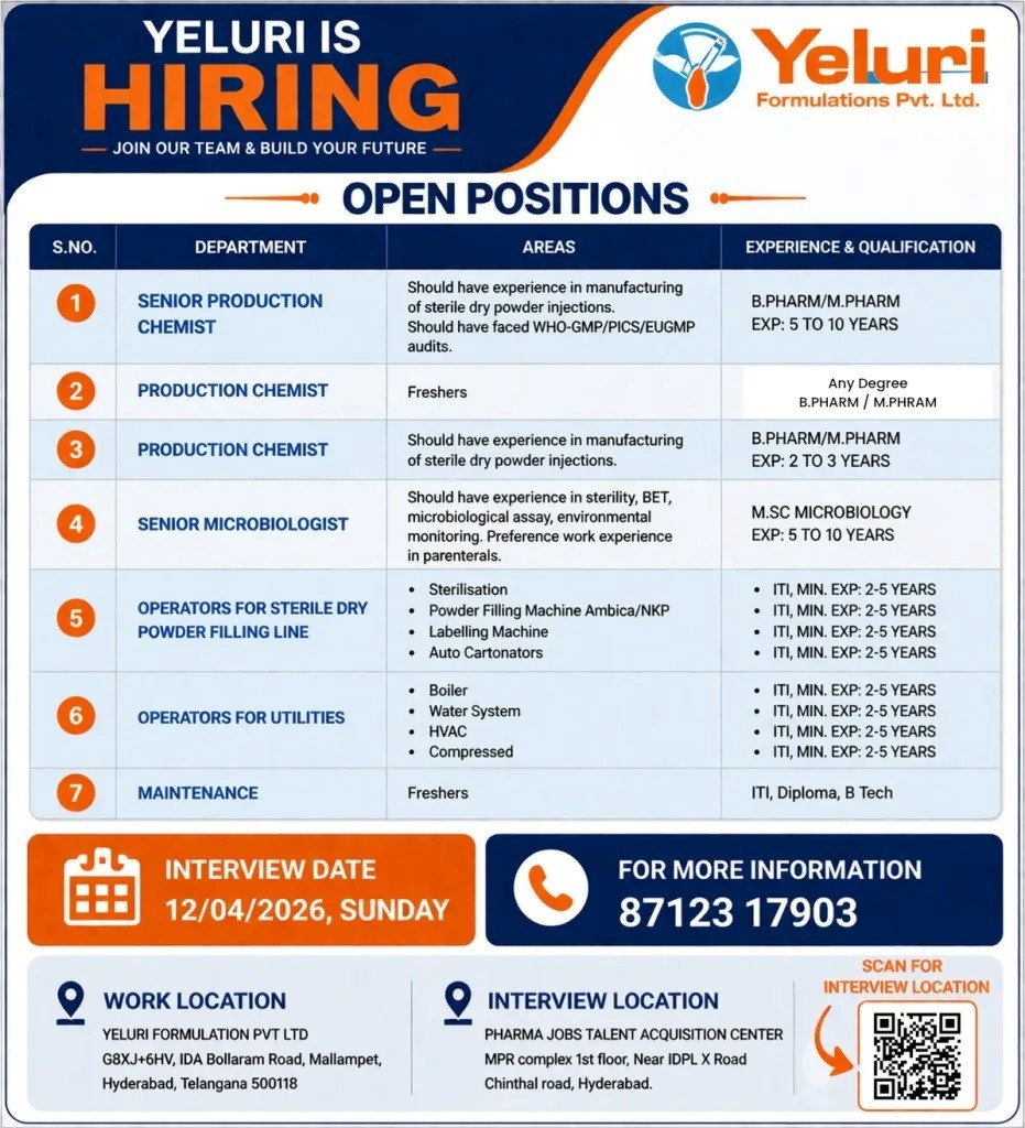 Yeluri Formulations Hiring 2026: Walk-in Interview for Production