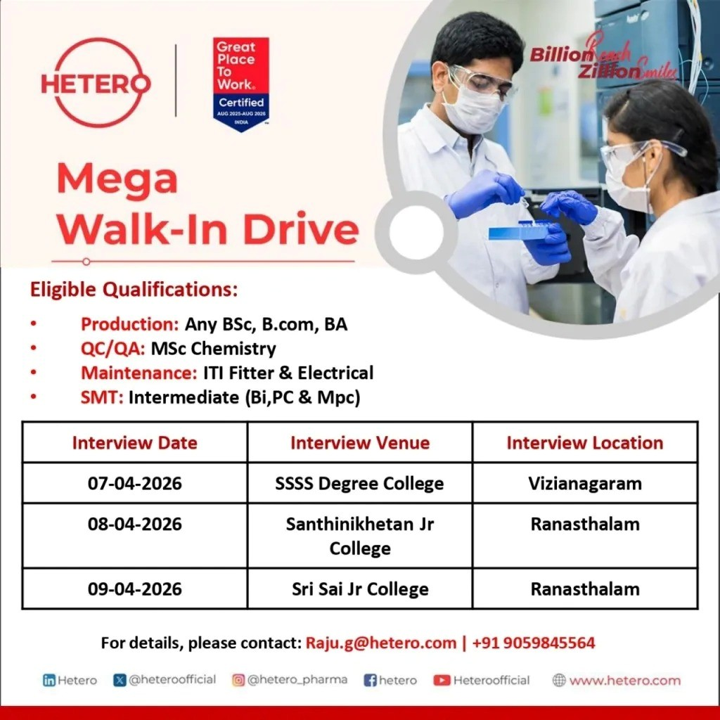 Hetero Mega Walk-In Drive 2026: Production, QC, QA, Maintenance & SMT Jobs
