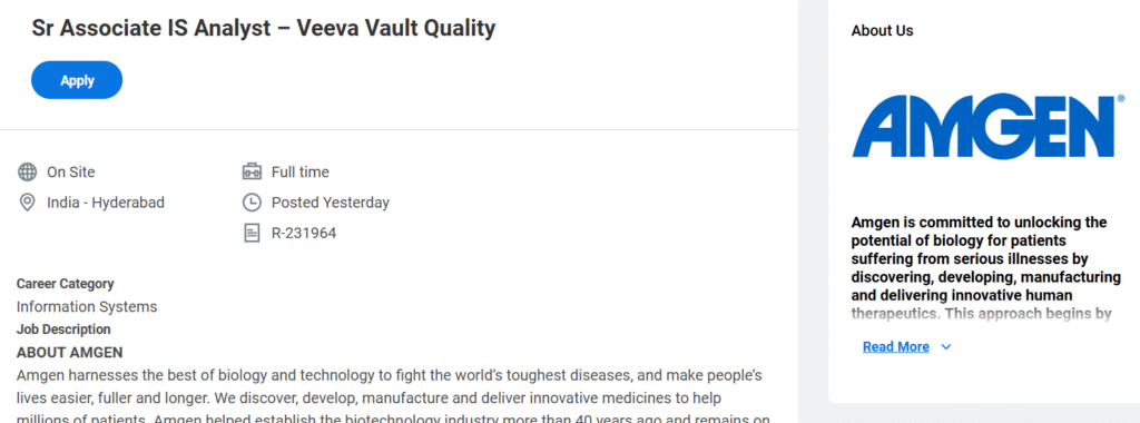 Amgen Hiring for Sr Associate IS Analyst – Veeva Vault Quality