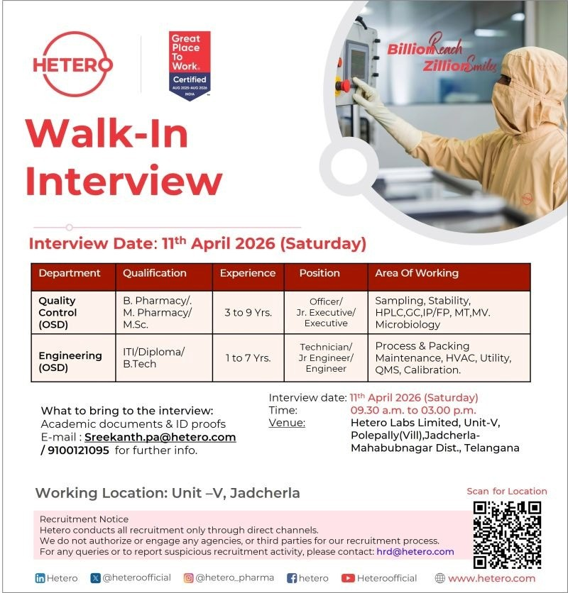 Hetero Labs Walk-in Interview 2026: QC & Engineering