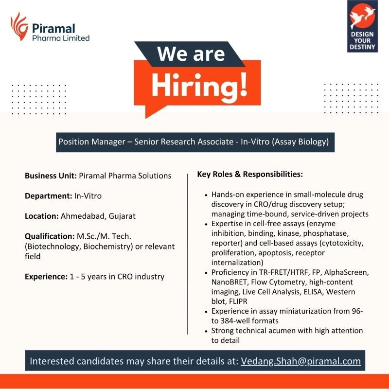 Exciting pharma jobs in India! Join Piramal Pharma Solutions as Manager - Senior Research Associate - In-Vitro (Assay Biology) in Ahmedabad
