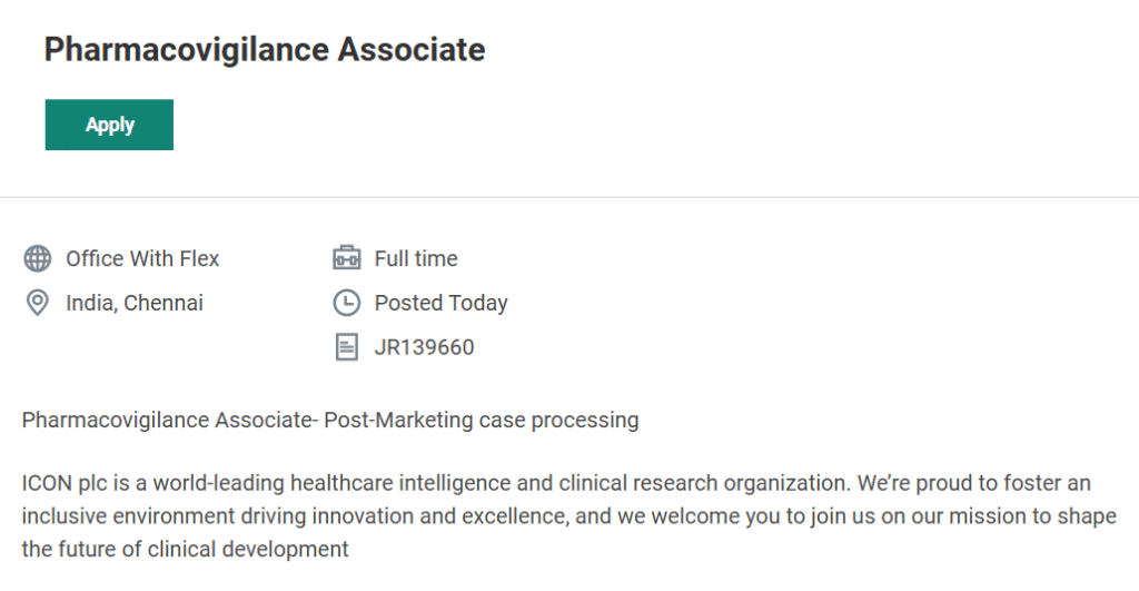 ICON plc Hiring for Pharmacovigilance Associate Job