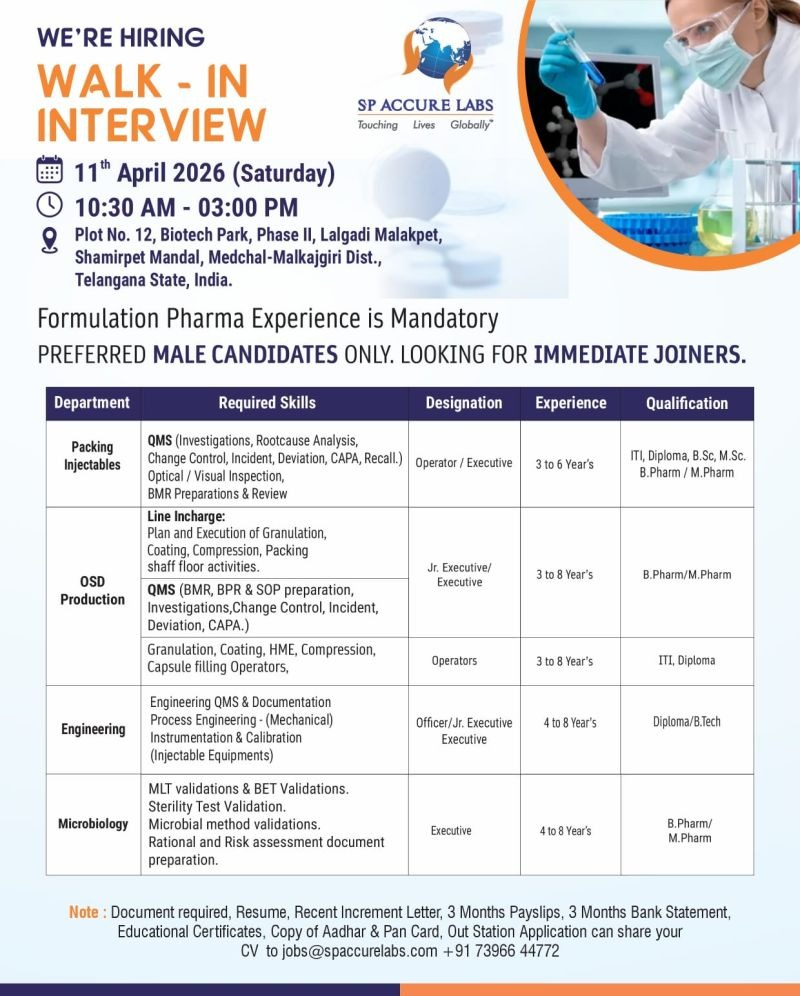SP Accure Labs Walk-in Interview 2026: Pharma Jobs in Hyderabad for Production