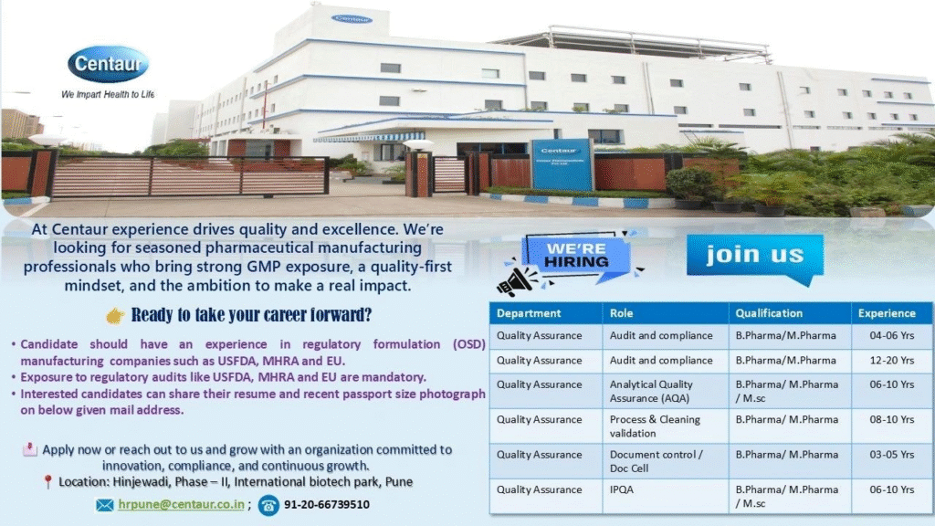 Centaur Pharmaceuticals QA Jobs in Pune 2026: Multiple Openings in Quality Assurance for Regulatory Formulation (OSD) Professionals
