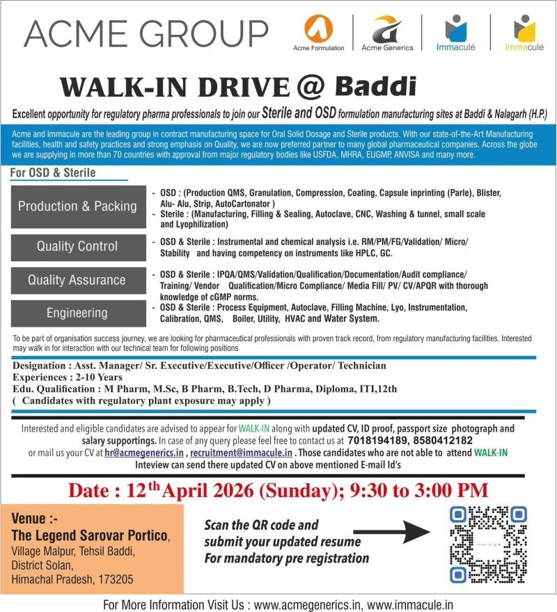 Acme Group Walk-in Interview 12th April 2026: Pharma Jobs