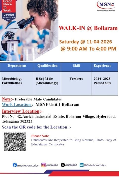 MSN Laboratories Walk-in Interview on 11 April 2026 for Microbiology Formulations
