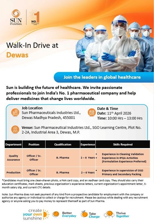 Sun Pharma is conducting a walk-in interview on 11th April 2026 for QA jobs and production jobs