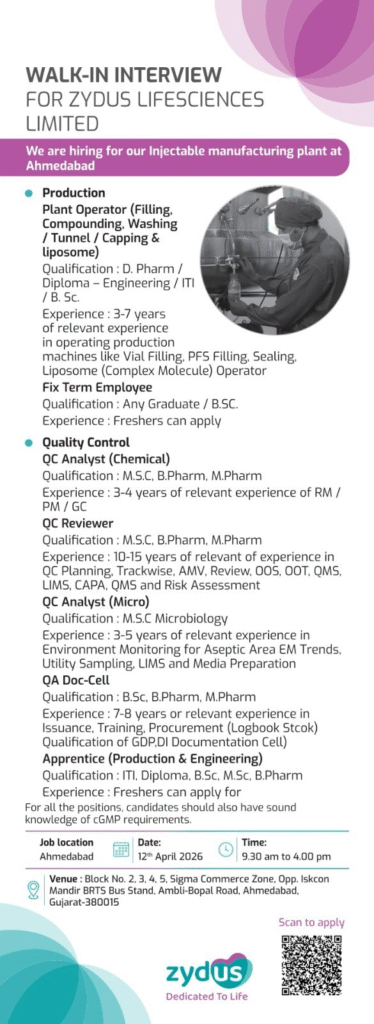 Zydus Lifesciences Walk-in Interview 2026: Production, QC, QA Jobs in Ahmedabad Injectable Plant