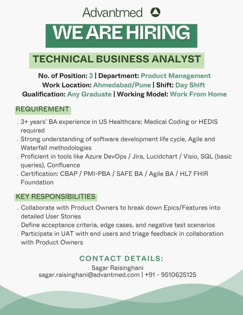 Technical Business Analyst – Advantmed is Hiring for US Healthcare Roles (Work From Home)