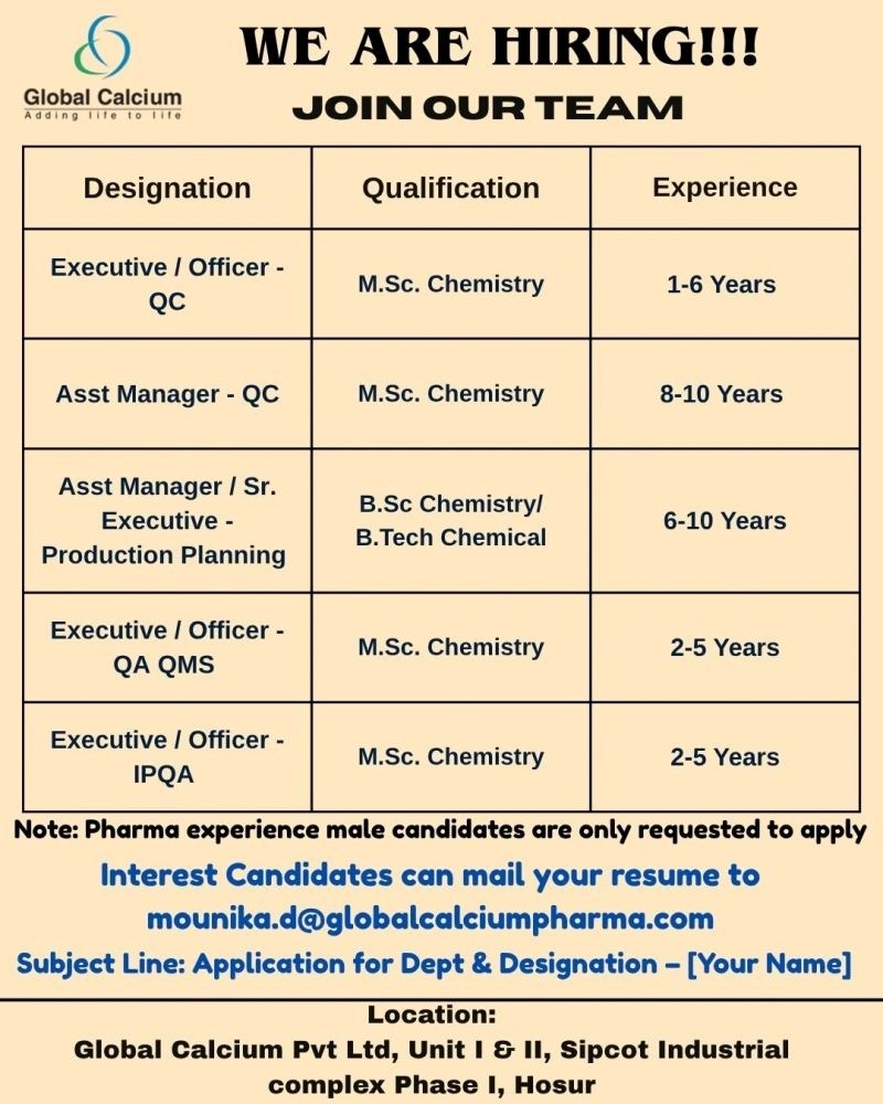 Global Calcium Hiring: Pharma Jobs in QC, QA, and Production Planning at Hosur (2026)