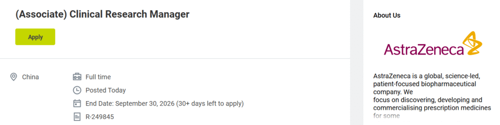 AstraZeneca Hiring (Associate) Clinical Research Manager in China 2026 | Clinical Research Leadership Job