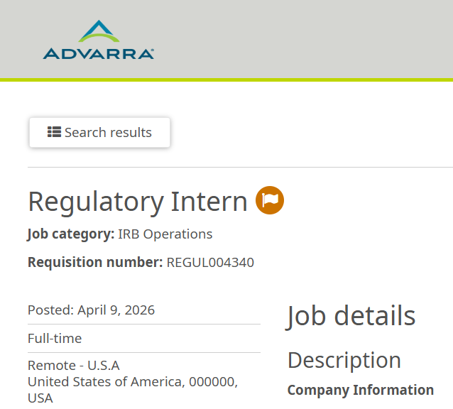 Advarra Hiring Regulatory Intern 2026