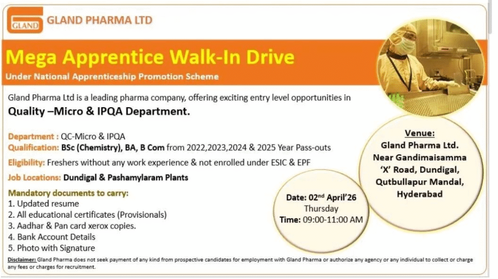 Gland Pharma Ltd Mega Apprentice Walk-In Drive 2026