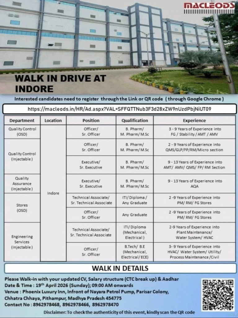 Macleods Pharmaceuticals is conducting a walk-in interview on 19th April 2026 for multiple pharma jobs in Quality Control, Quality Assurance, Stores, and Engineering Services at its Indore facility.