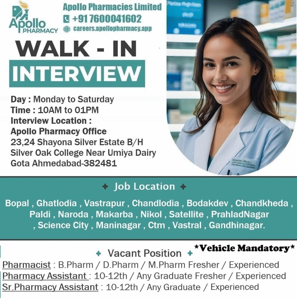 Apollo Pharmacy is hiring Pharmacist, Pharmacy Assistant, and Sr. Pharmacy Assistant positions through walk-in interviews in Ahmedabad