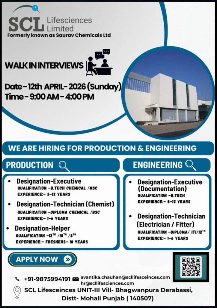 Exciting pharma jobs alert! SCL Lifesciences Limited (formerly Saurav Chemicals Ltd) is conducting a walk-in interview on 12th April 2026