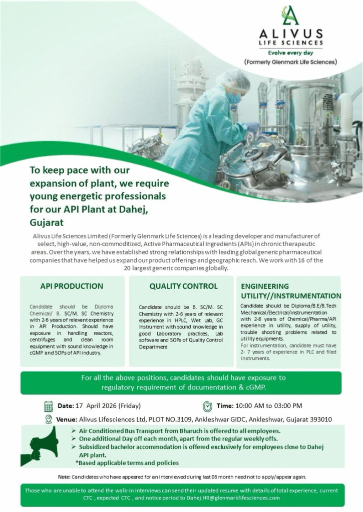 Alivus Life Sciences Hiring Walk-in Interview for API Production, QC & Engineering Jobs