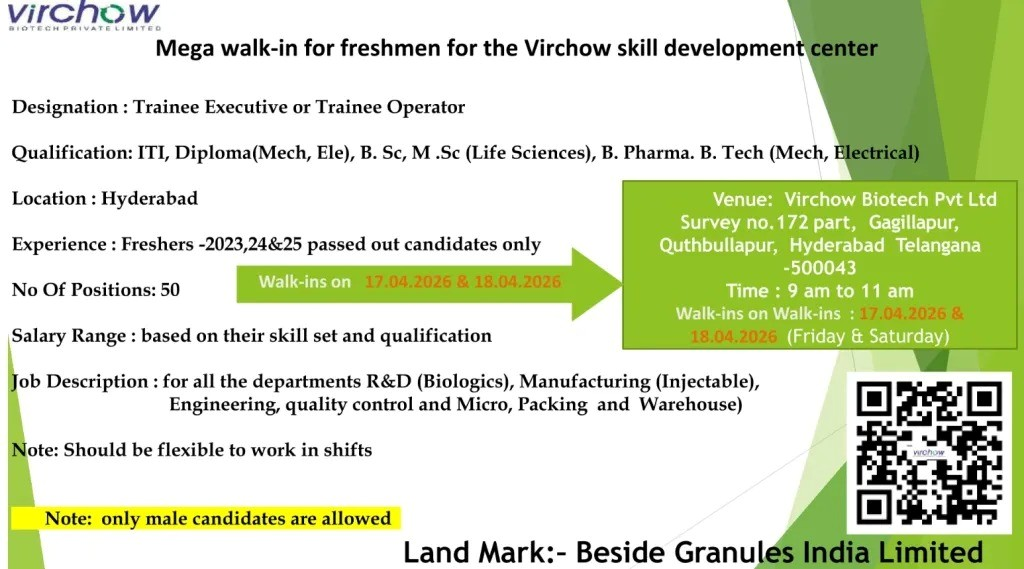 Launch your pharma career with a leading biopharmaceutical company! Virchow Biotech Pvt Ltd is conducting a mega walk-in interview for freshers in 2023, 2024 & 2025 batches