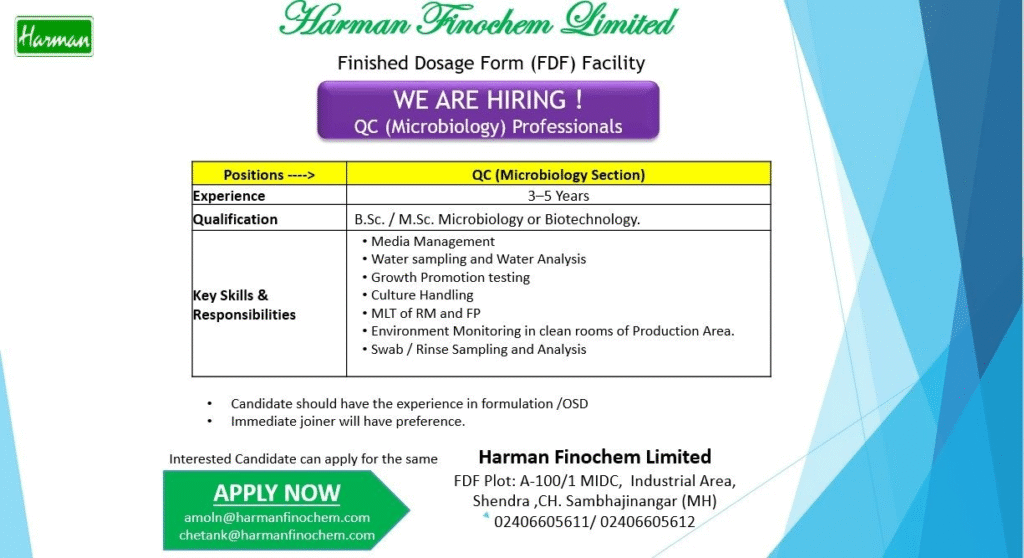 Harman Finochem Limited is hiring experienced QC (Microbiology) professionals for its state-of-the-art Finished Dosage Form (FDF) facility in Aurangabad, Maharashtra
