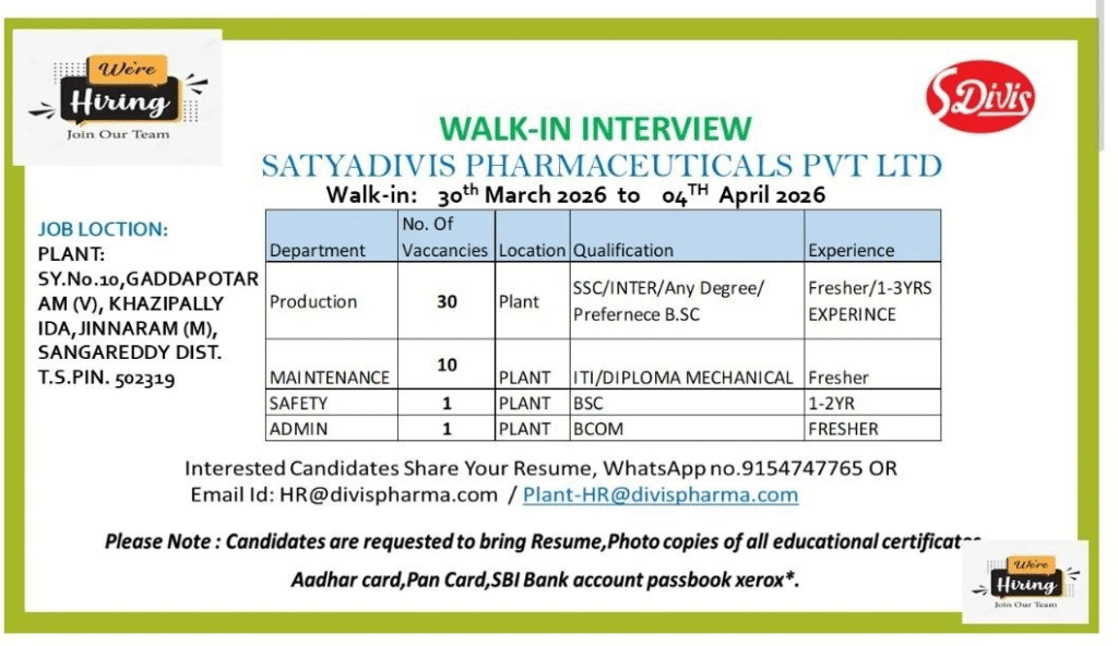 Satyadivis Pharmaceuticals Walk-in Interview 2026 