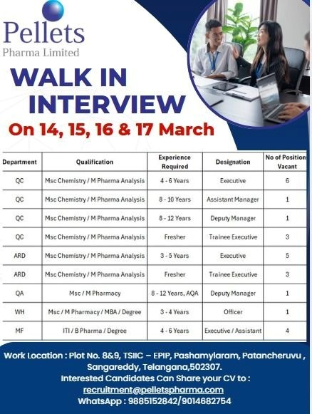 Pellets Pharma Limited is hiring for multiple pharma jobs in Quality Control, Analytical R&D, Quality Assurance, Warehouse, and Manufacturing. Attend the walk-in interview on 14, 15, 16 & 17 March