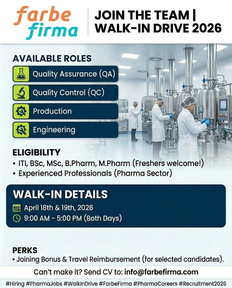 Join Farbe Firma's exciting walk-in drive for pharma jobs in 2026.