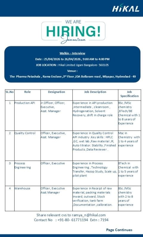 Exciting pharma jobs alert! Hikal Limited is hiring for Production API, Quality Control, Process Engineering, and Warehouse roles via walk-in interview on 25-26 April 2026 in Hyderabad.