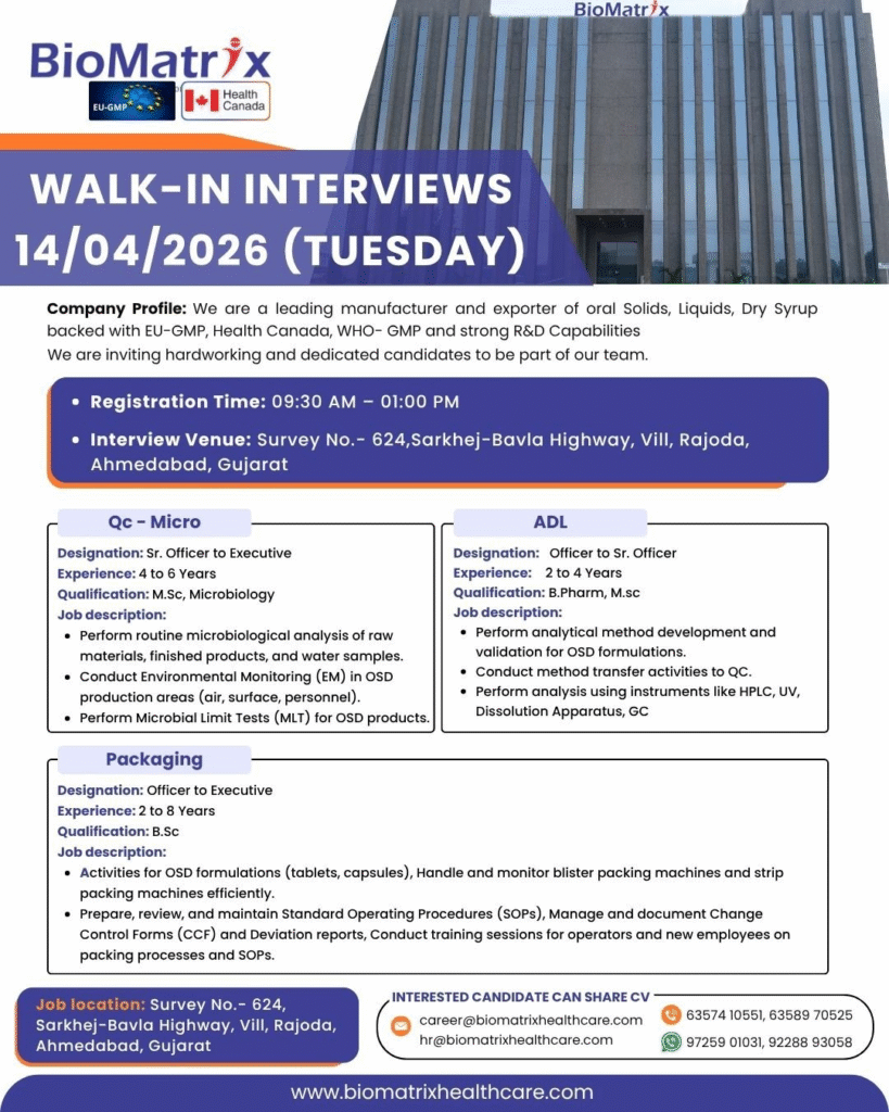 Exciting pharma jobs alert! BioMatrix Healthcare is conducting walk-in interviews on 14 April 2026