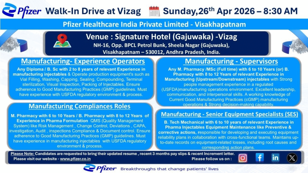 Pfizer Walk-In Drive at Vizag 2026: Manufacturing Jobs in Injectables