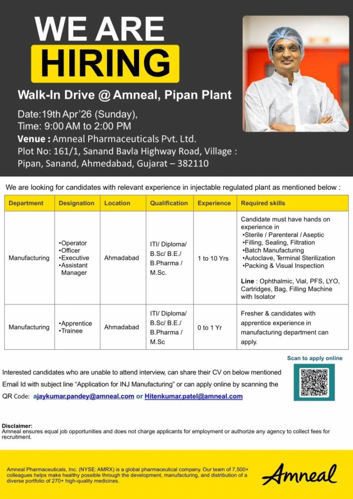 Amneal Pharmaceuticals is conducting a walk-in interview on 19th April 2026