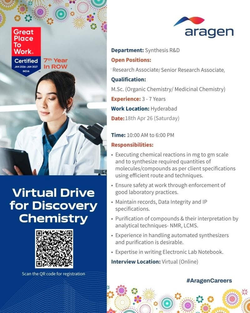 Aragen is hiring M.Sc. Organic Chemistry professionals for pharma jobs