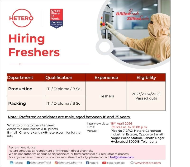 Hetero Pharma Hiring Freshers for Production and Packing Jobs in Hyderabad 