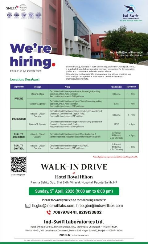 Ind-Swift Laboratories Walk-In Interview 2026 for pharma jobs in Production, QA, QC and Packing at Derabassi on 5 April
