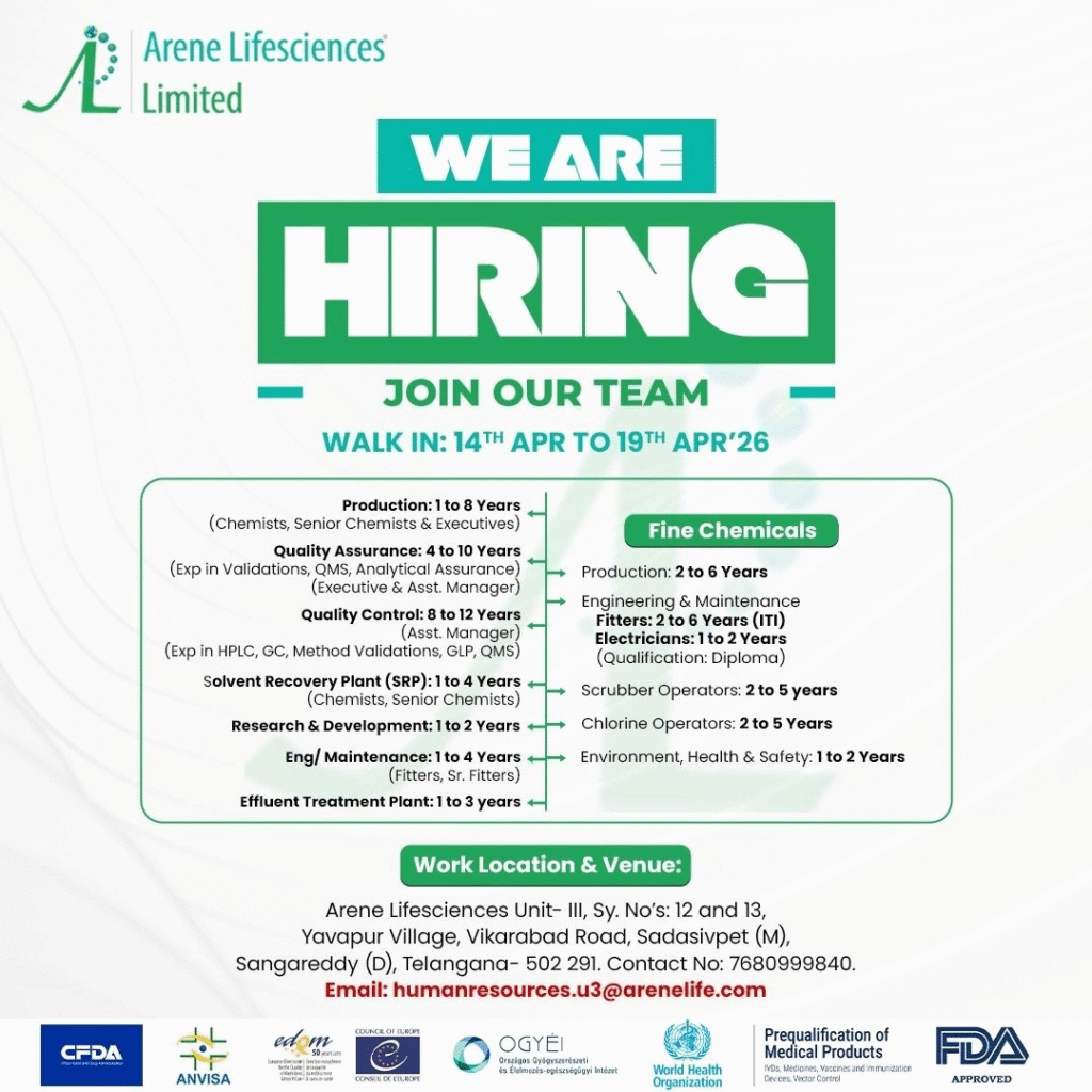 Arene Lifesciences Limited Walk-in Interview 14th to 19th April 2026
