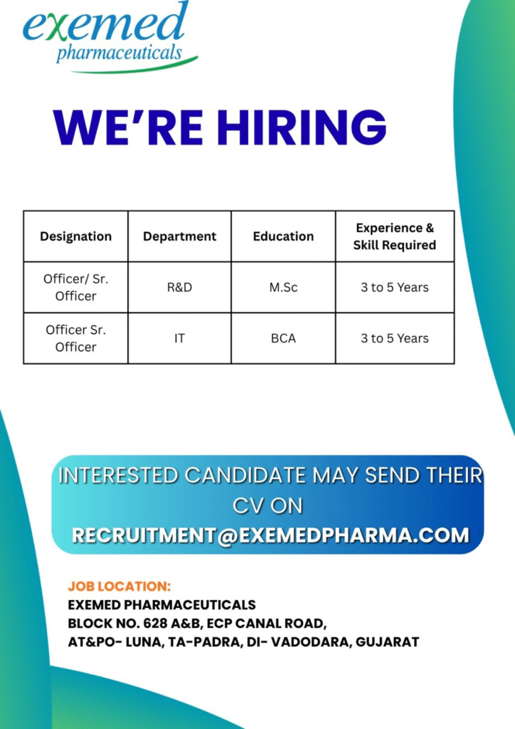 Exemed Pharmaceuticals Hiring: Officer/Sr. Officer