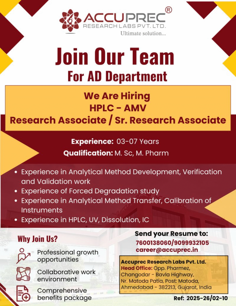 Accuprec Research Labs Walk-In / Hiring 2026: HPLC-AMV Research Associate Jobs in Ahmedabad