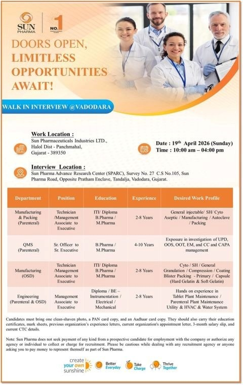 Sun Pharma Walk-in Interview Vadodara 19th April 2026