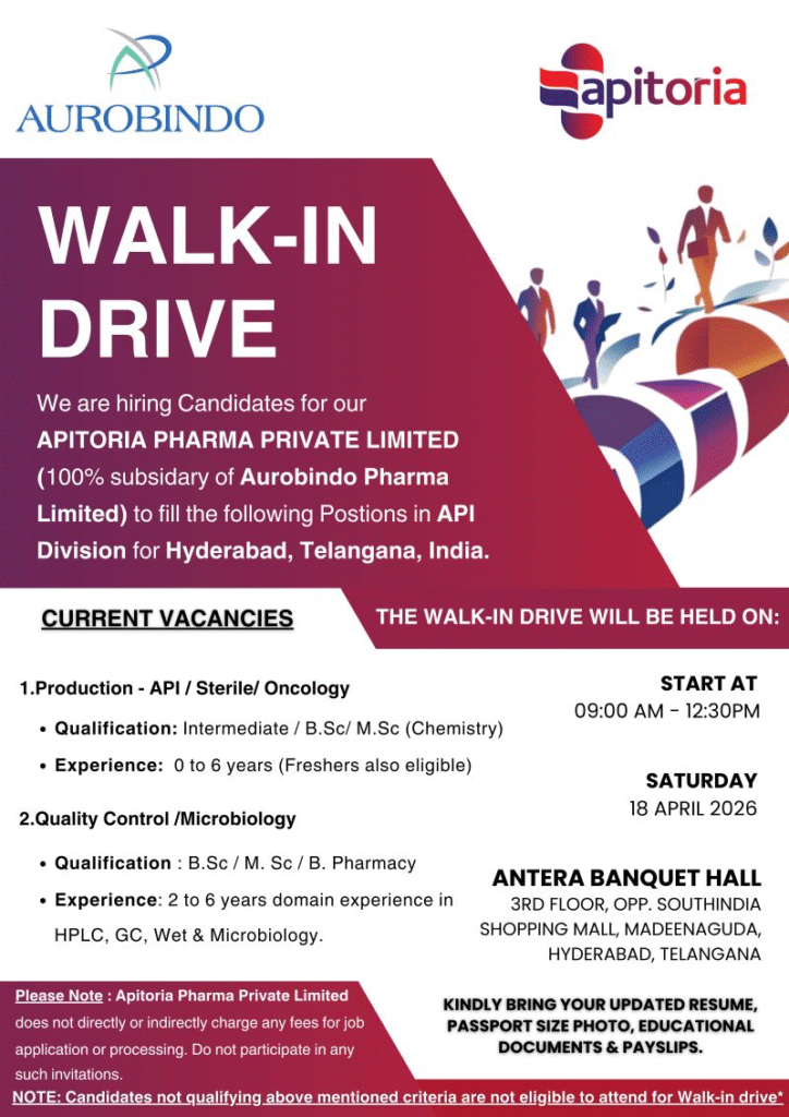Apitoria Pharma - Walk-in Drive for Production & QC Jobs on 18th April
