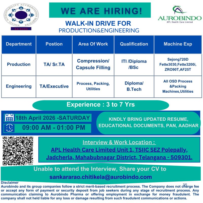 Aurobindo Pharma - Hiring for Production & Engineering Jobs 